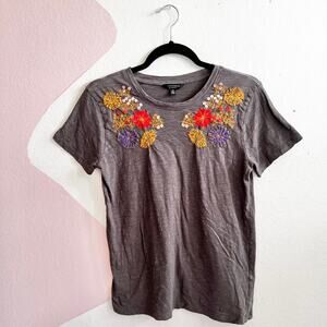 Lucky Brand Embroidered T-Shirt Women's Size Small Gray Boho Floral Print